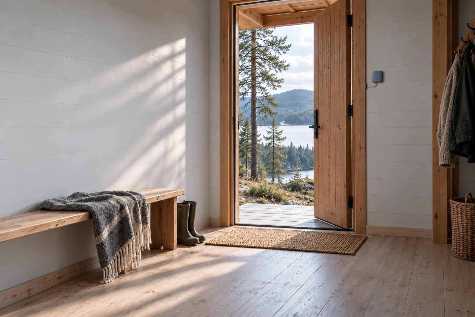 A quiet woodland cabin entrance overlooking a lake, with a discreet Dune sensor beside the door