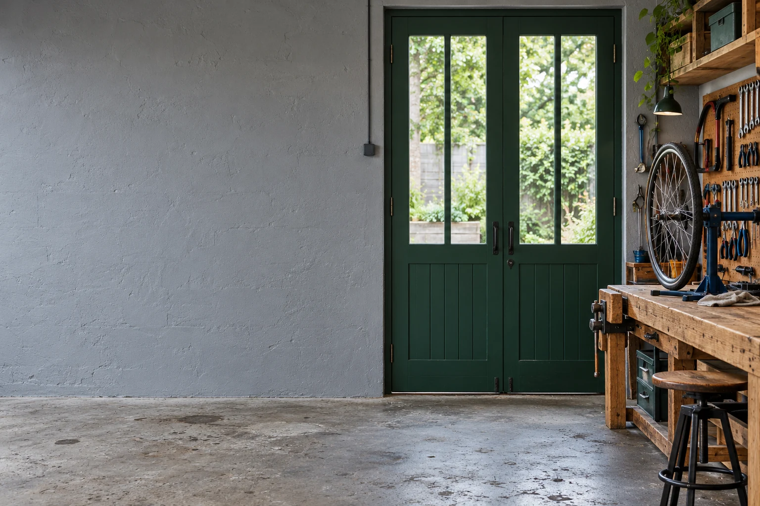 Workshop door and tool bench